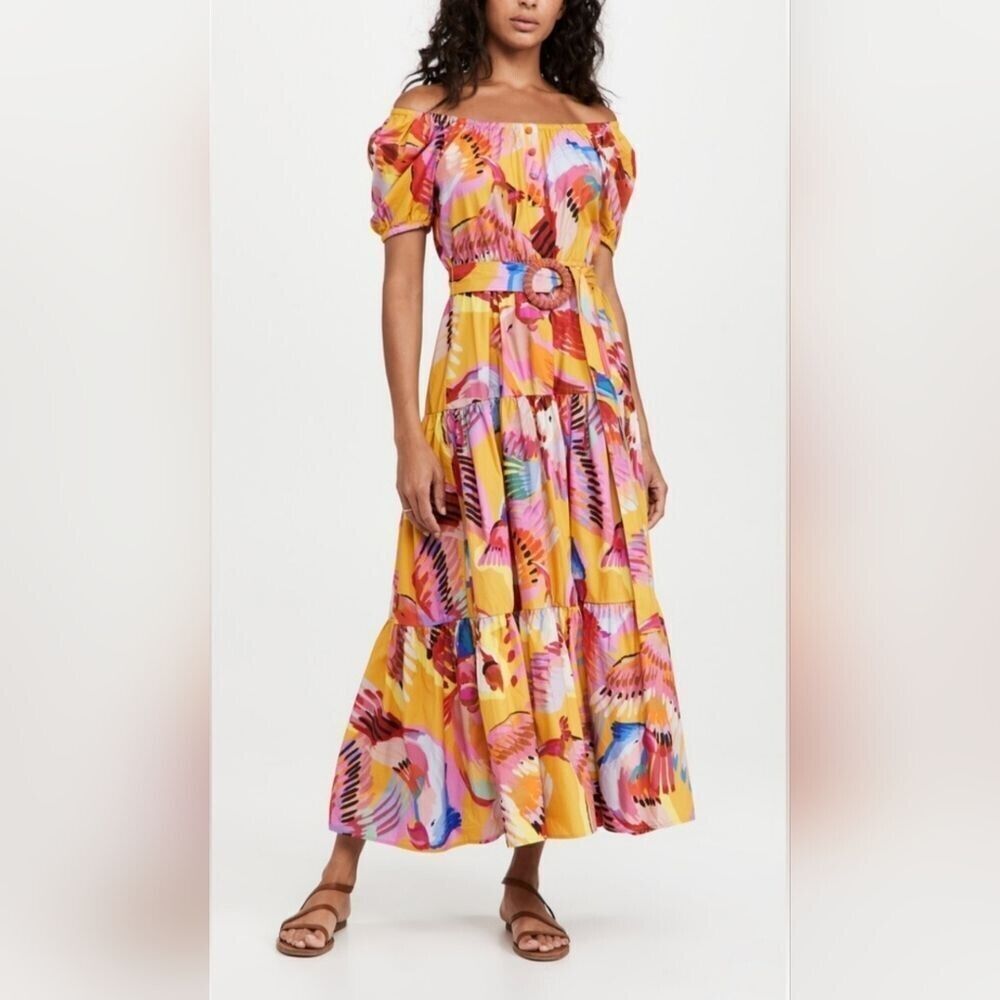 Farm Rio by Anthropologie Neon Macaws Puff Sleeve Maxi Dress Tiered Women Small - Picture 2 of 11
